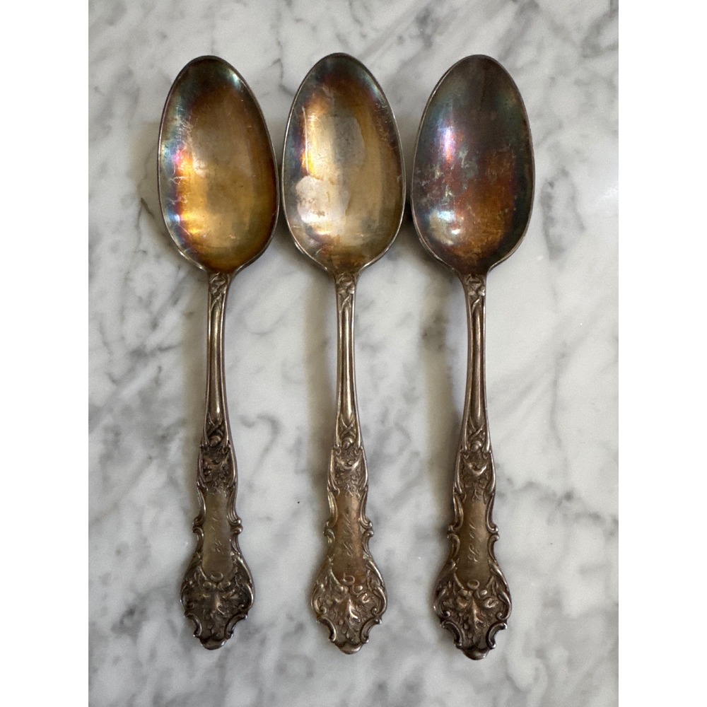 1847 Rogers Bros Charter Oak Silverplate Teaspoons Set of 3 Monogrammed 1906